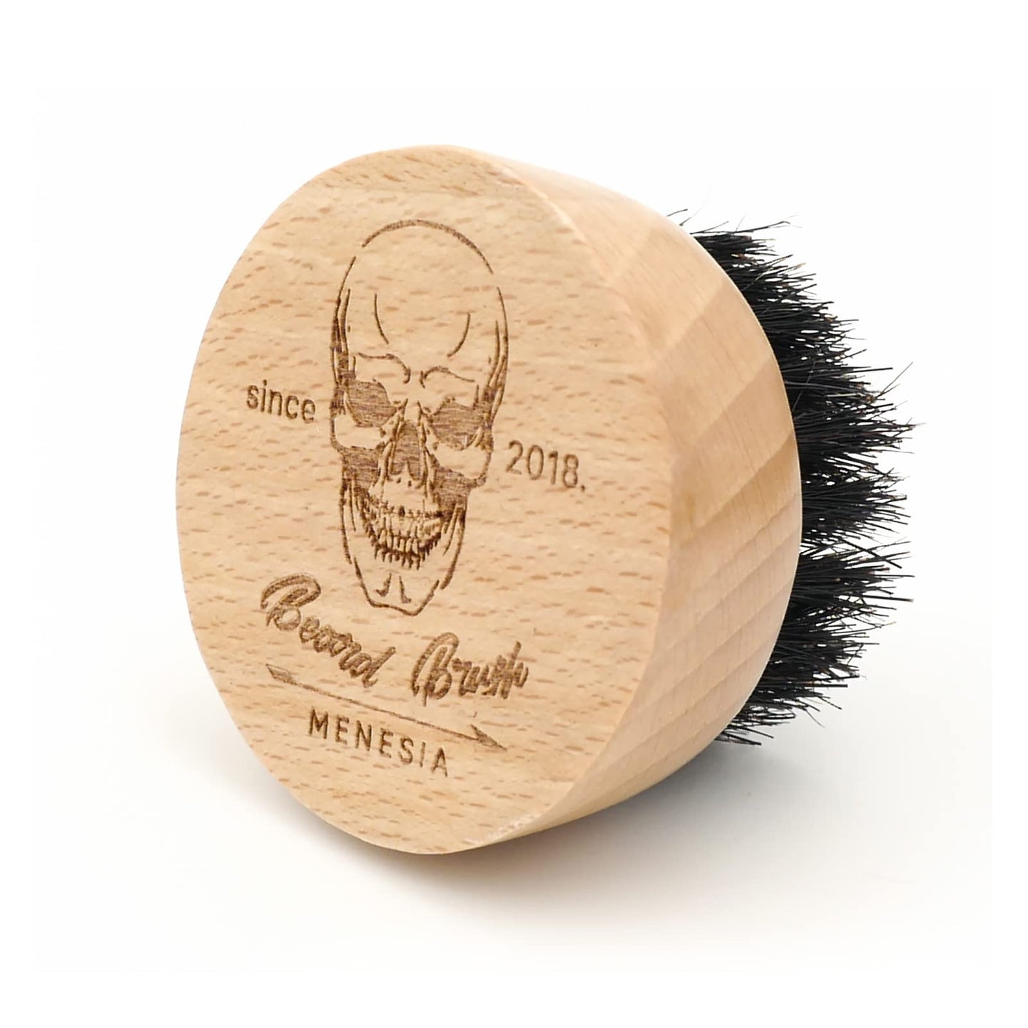 Menesia Boar Bristle Hair Beard Brush for Men, Small and Round Beard Brush, Pocket Travel Men's Wooden Mustache Brush (Skull)