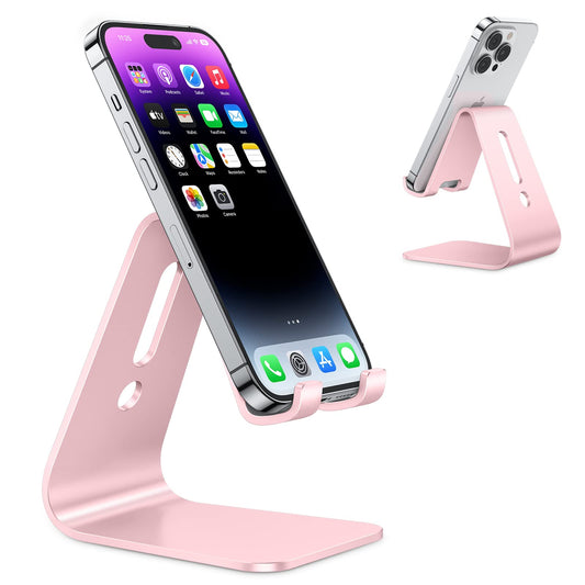 OMOTON Upgraded Aluminum Cell Phone Stand, C1 Durable Cellphone Dock with Protective Pads, Smart Stand Designed for iPhone 15, 14/13/12/11 Pro Max XR XS, iPad Mini, Android Phones,Rose Gold