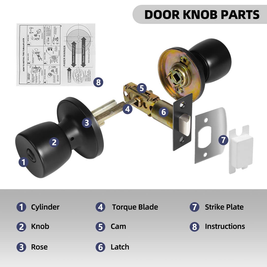 Tanzfrosch 8 Pack Privacy Door Knobs Matte Black Interior Door Lock Keyless Round Lockset for Bedroom, Bathroom, Garage, Hardwares & Instruction Included