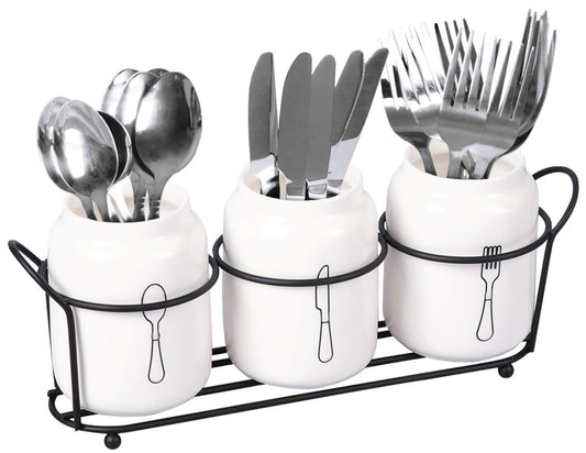 CLOTHUP Ceramic Silverware Caddy, Utensil Caddy with Metal Holder, Countertop Silverware Utensil Organizer Holder, Knives Spoons and Forks Utensil Organizer Holder for Kitchen and Party