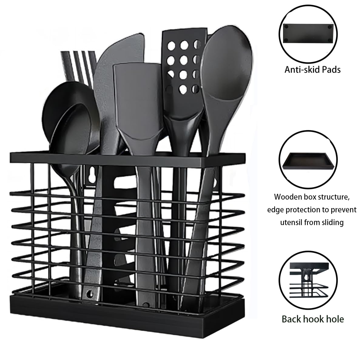 Dorhors Kitchen Utensil Holder for Kitchen Counter,Wood Cooking Utensil Holder,Kitchen Utensil Organizer for Countertop (2 Compartments Black)