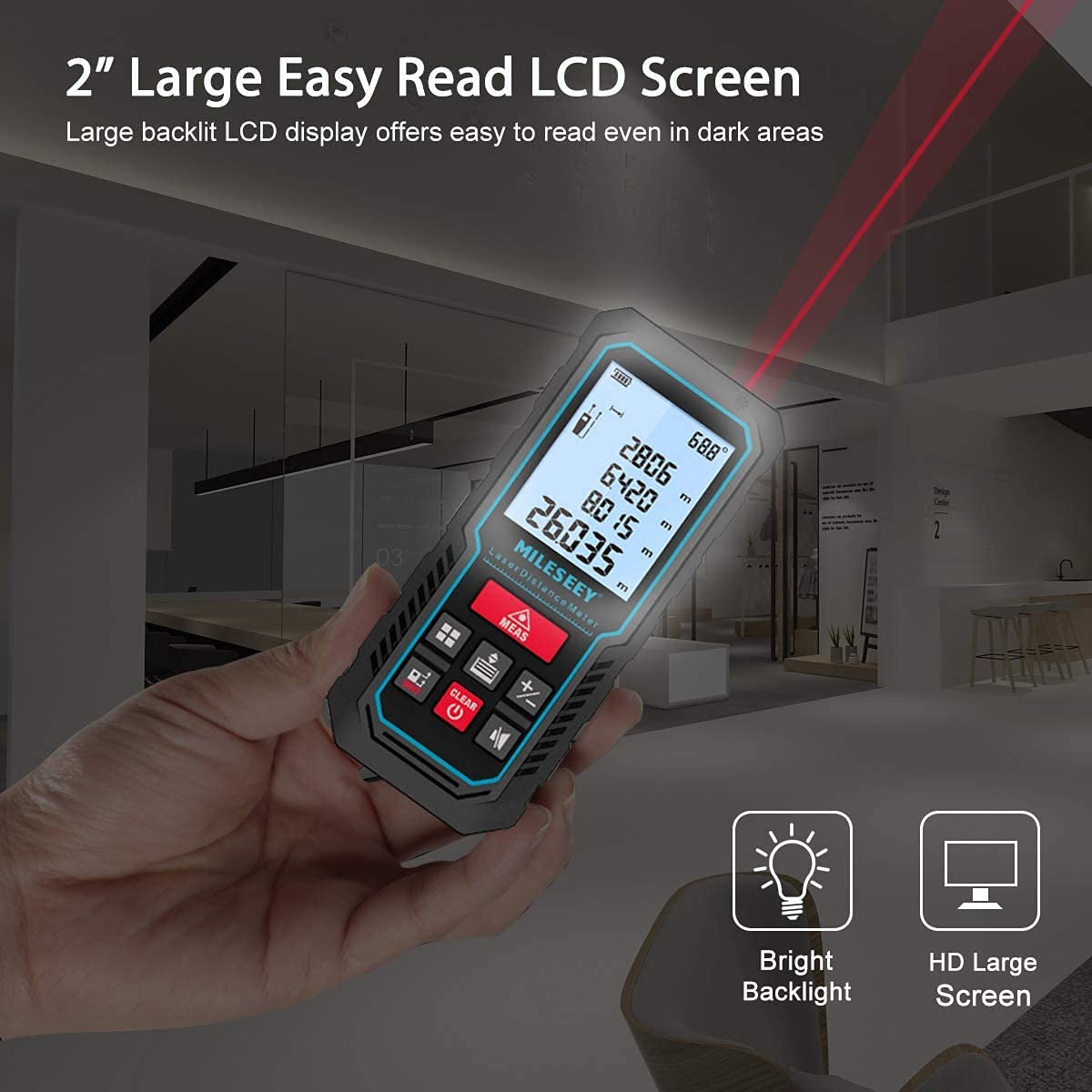 Laser Measure Device, MiLESEEY 229ft Digital Laser Tape Measure with Upgrade Electronic Angle Sensor, ±2mm Accuracy, Area Measurement,Volume and Pythagoras, 2" LCD Backlit,Mute, Battery Included