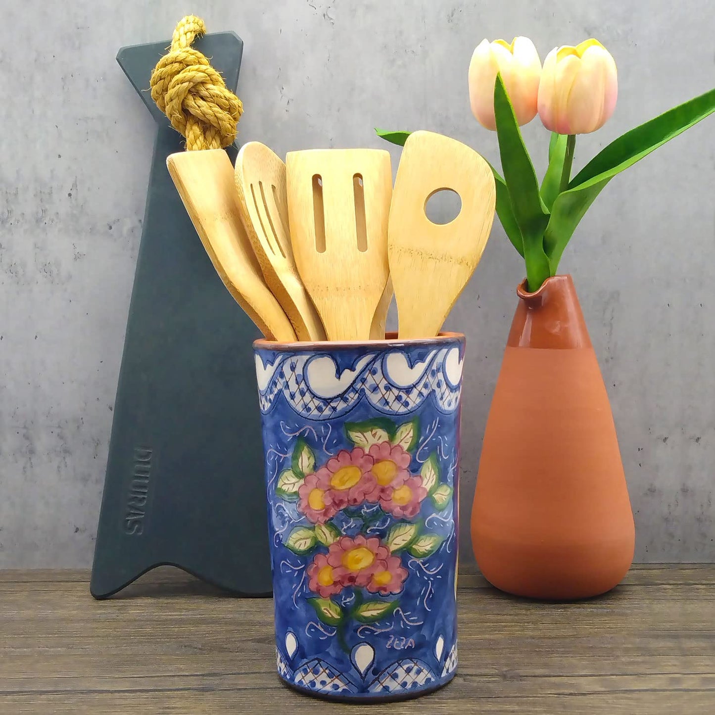 Hand Painted Portuguese Pottery Floral Kitchen Utensil Holder, Blue, White, Red, Green, Yellow (255-355-455-FL)