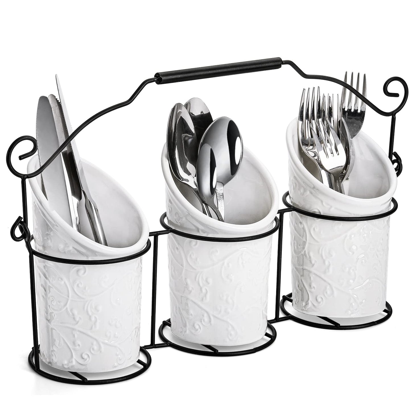 Nicunom Set of 3 Ceramic Flatware Caddy with Metal Rack, Embossed Design Kitchen Utensil Holder Silverware Organizer Cutlery Holder Kitchen Tool Crock for Countertop Decor and Organization