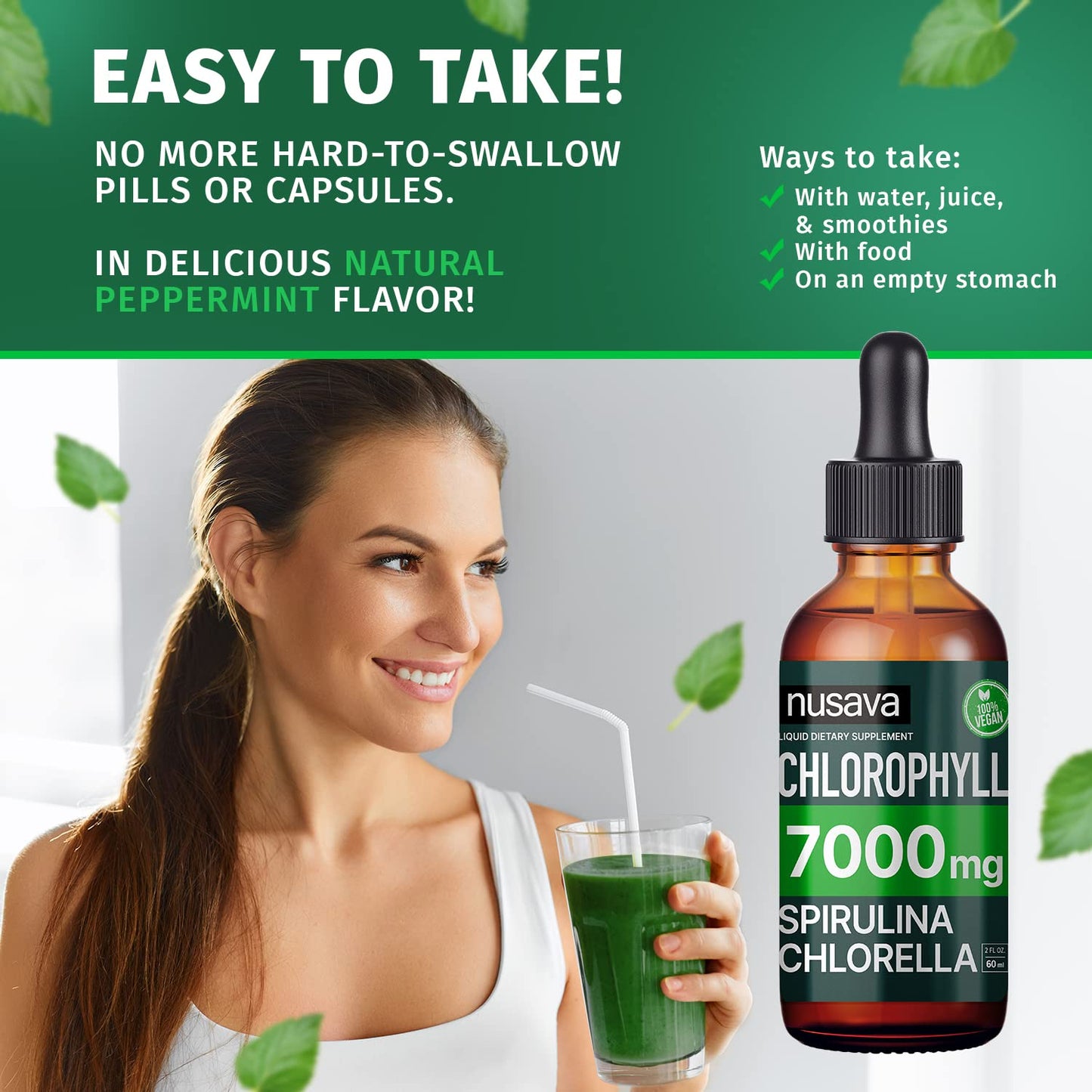 (2 Pack) Vegan Chlorophyll Liquid Drops 7000mg for Immune Support, Energy, Gut & Skin Health, 4-in-1 Liquid Chlorophyll Drops - 100mg, Spirulina, Chlorella, & Copper - Internal Deodorant, 4 Fl Oz