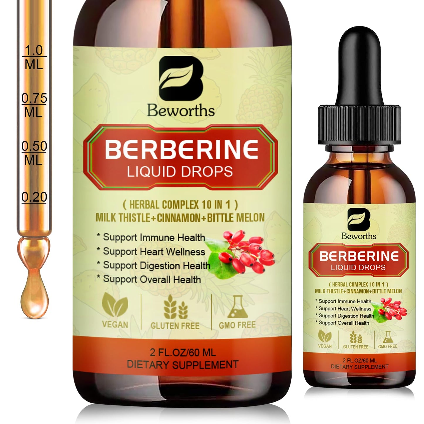 Premium Berberine Supplement - Berberine Liquid Drops with Turmeric, Bitter Melon, Milk Thistle, Ceylon Cinnamon, Berberine Veggie Supplement for Immune, Digestion System and Heart Health Support