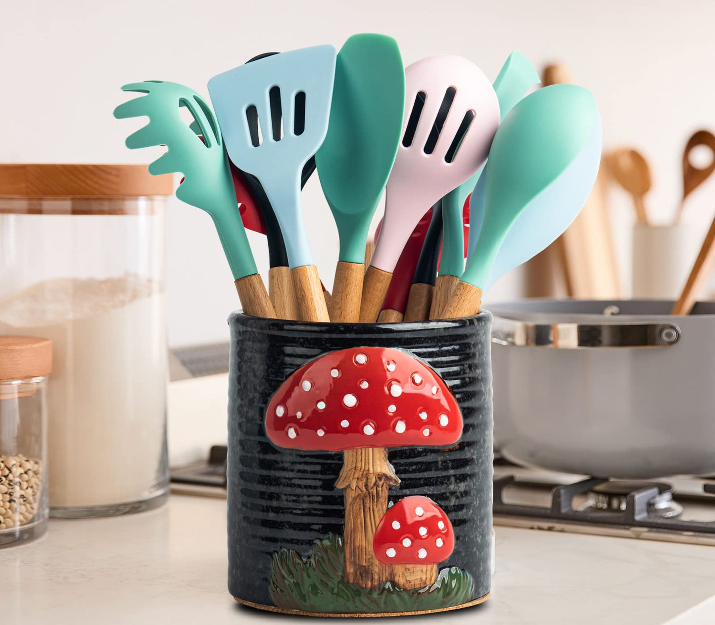 dgudgu Mushroom Kitchen Utensil Holder For Countertop Ceramic Utensil Holder For Kitchen Counter Large Cooking Utensil Utensil Crock Holder Spatula Holder Utensil Organizer For Countertop