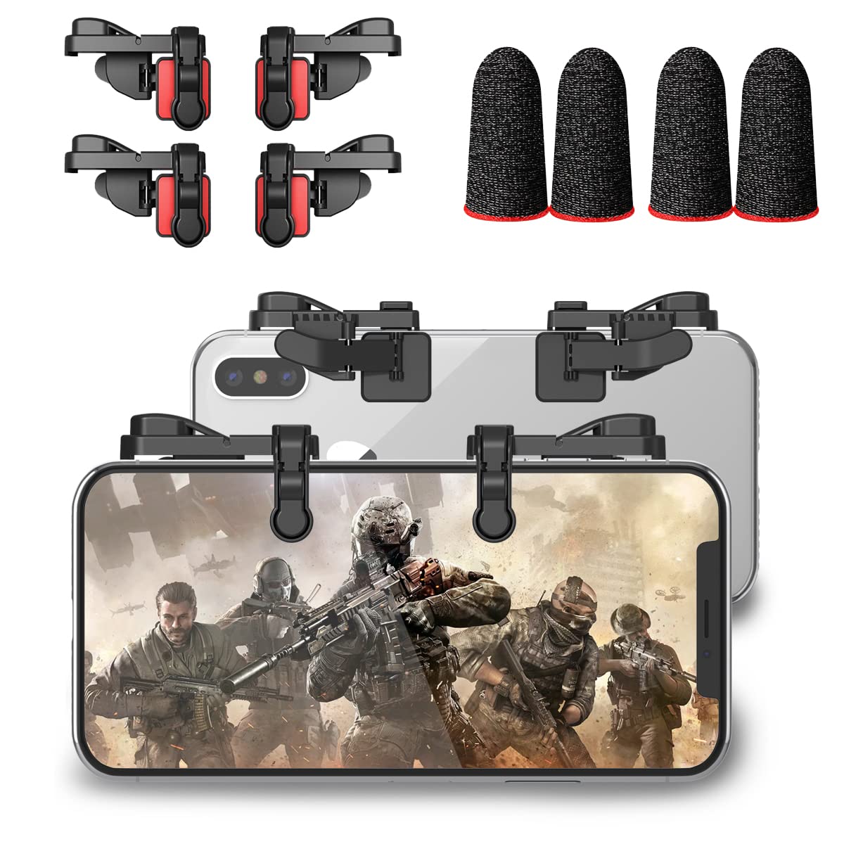 IFYOO Mobile Game Trigger, Mobile Gaming Controller Compatible with PUBGG/Fortnitee/Call of Duty Mobile, Z108 Aim & Fire Triggers for iPhone and Android Phone, 2 Pair with 2 pcs Finger Sleeves Red