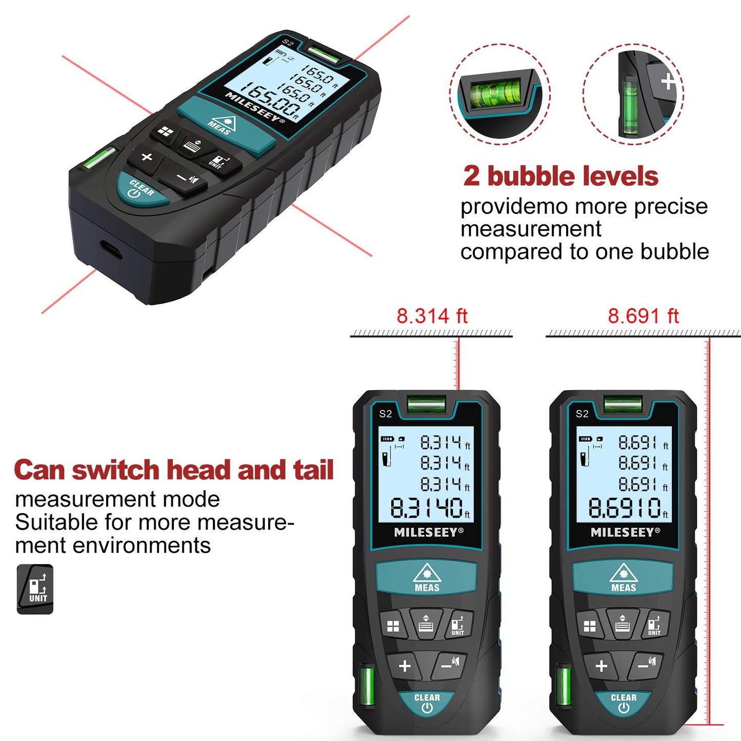 Laser Measure, RockSeed 165 Feet Digital Laser Distance Meter with 2 Bubble Levels,M/in/Ft Unit Switching Backlit LCD and Pythagorean Mode, Measure Distance, Area and Volume (165 Feet)