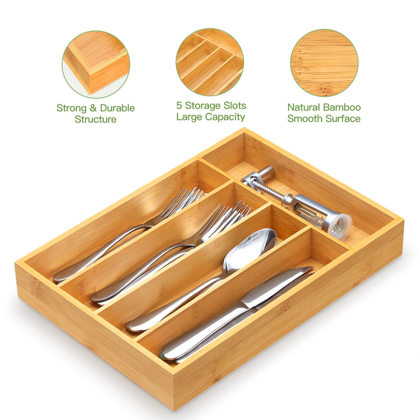 FURNINXS Bamboo Kitchen Drawer Organizer Wooden Silverware Utensil Tray Holder with 5 Small Narrow Compartments for Cutlery Spoons Forks Knives Storage Flatware Organizer 14x10.5x2 inch