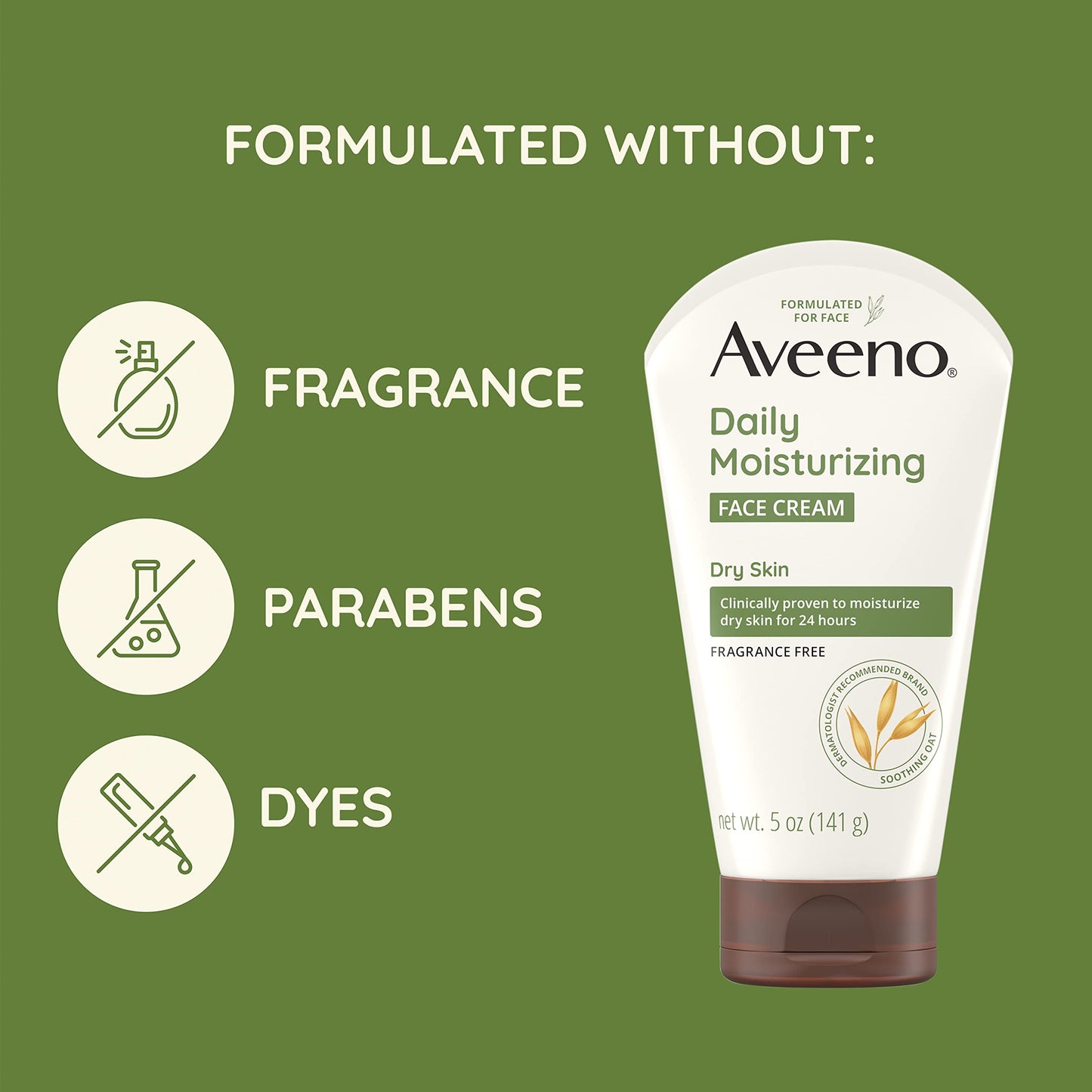 Aveeno Daily Moisturizing Fragrance-Free Prebiotic Oat Face/Facial Cream Clinically Proven to Moisturize Dry Skin for 24 Hours, Paraben-, Fragrance- & Dye-Free, 5 oz