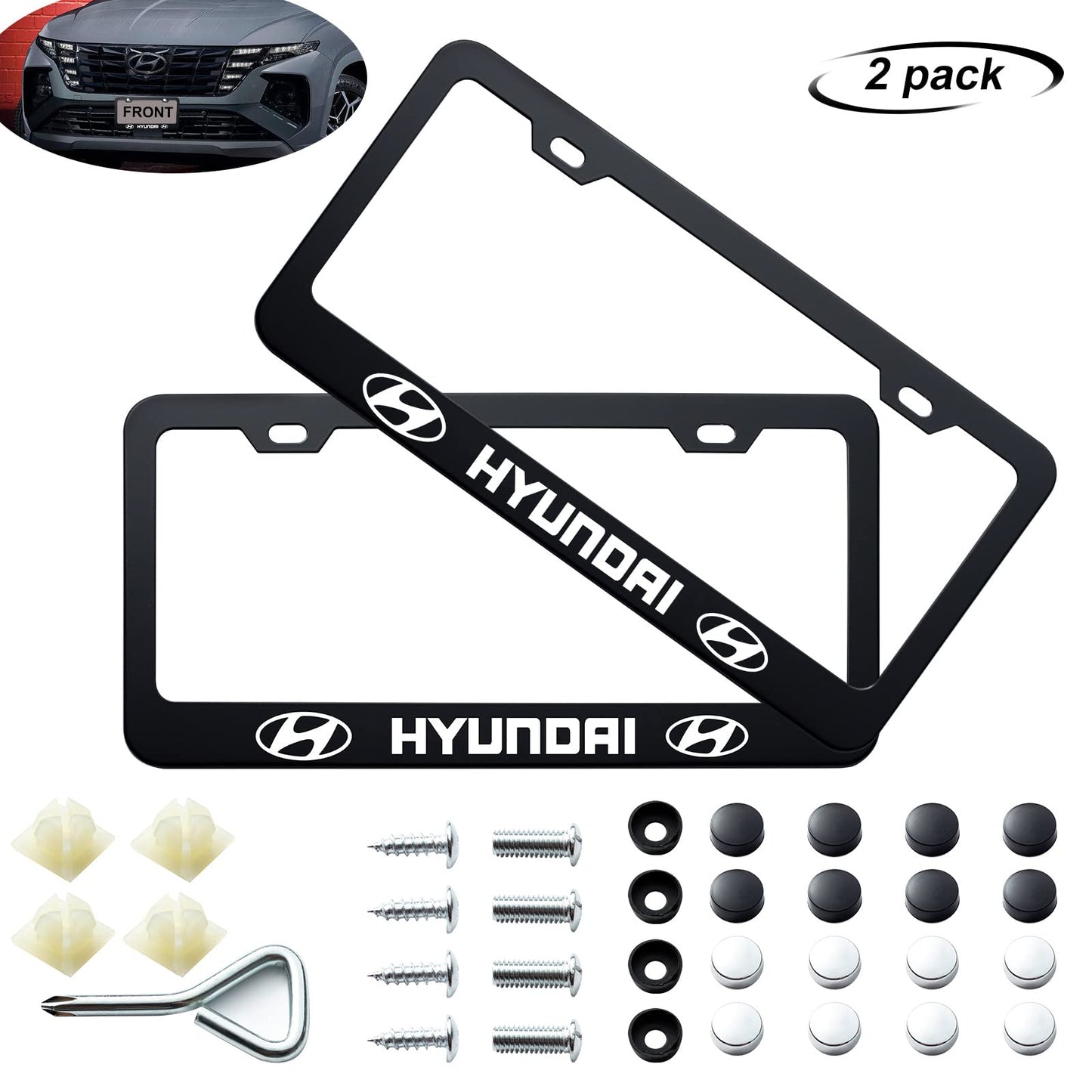 License Plate Frames Compatible with Hyundai, Stainless Steel License Plate Covers Protect Plates, with Screw Caps Cover and 4 Tire Valve Stem Caps Accessories.