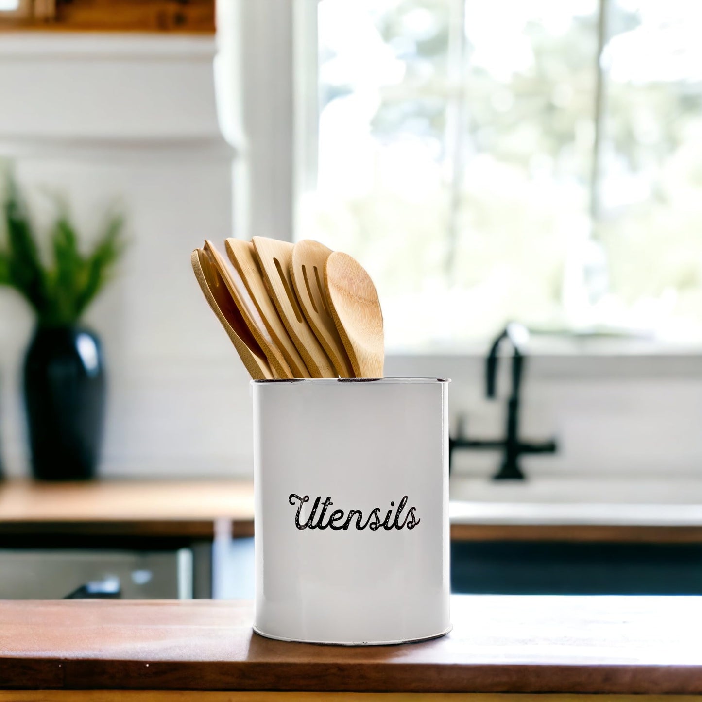 AuldHome Rustic Utensil Holder, White Enamel Farmhouse Style Kitchen Utensil Caddy