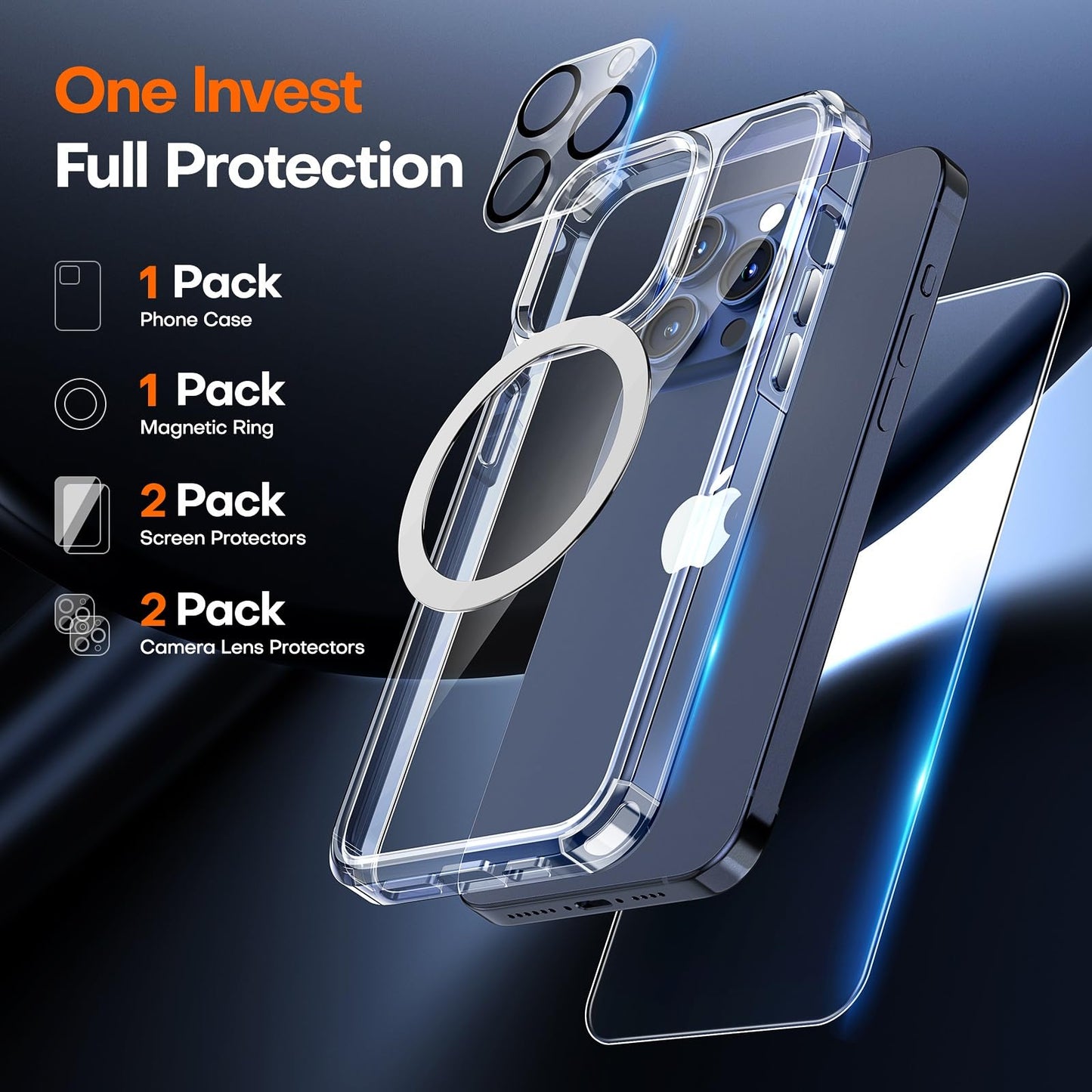 TAURI 5 in 1 for iPhone 15 Pro Max Case Crystal Clear, [Not-Yellowing & Military Drop Defense] with 2X Screen Protector+2X Camera Lens Protector+1X Magnetic Ring, Slim Shockproof Phone Case 6.7 inch