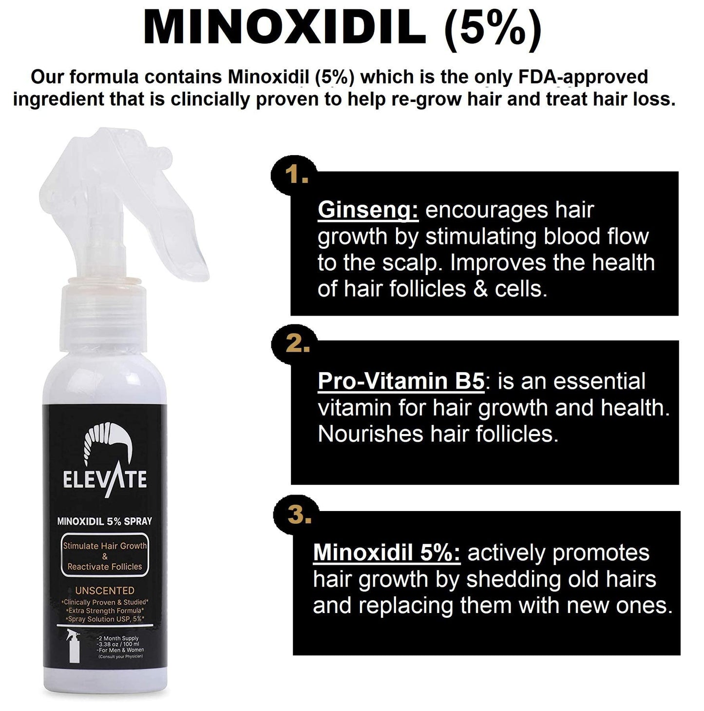 ELEVATE 5% Minoxidil Hair Growth Spray - Extra Strength Professional Treatment for Hair Loss and Regrowth - Stimulate Follicles for Men & Women - 1 to 2 Month Supply 100ml