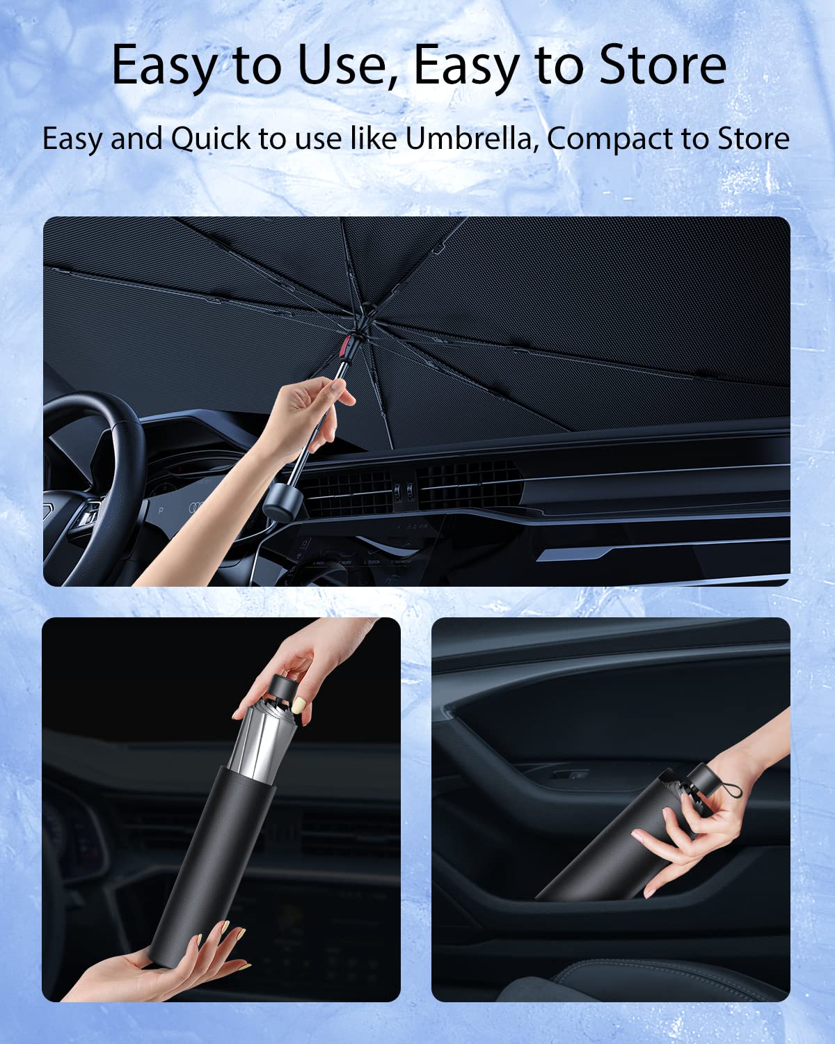 Nmoiss [2023 Upgrade] Sun Shade Umbrella for Car Windshield - [Newest Reflective Coating] Protect Car from Sun Rays & Heat Damage Keep Cool and Protect Interior, Leather Umbrella Edge