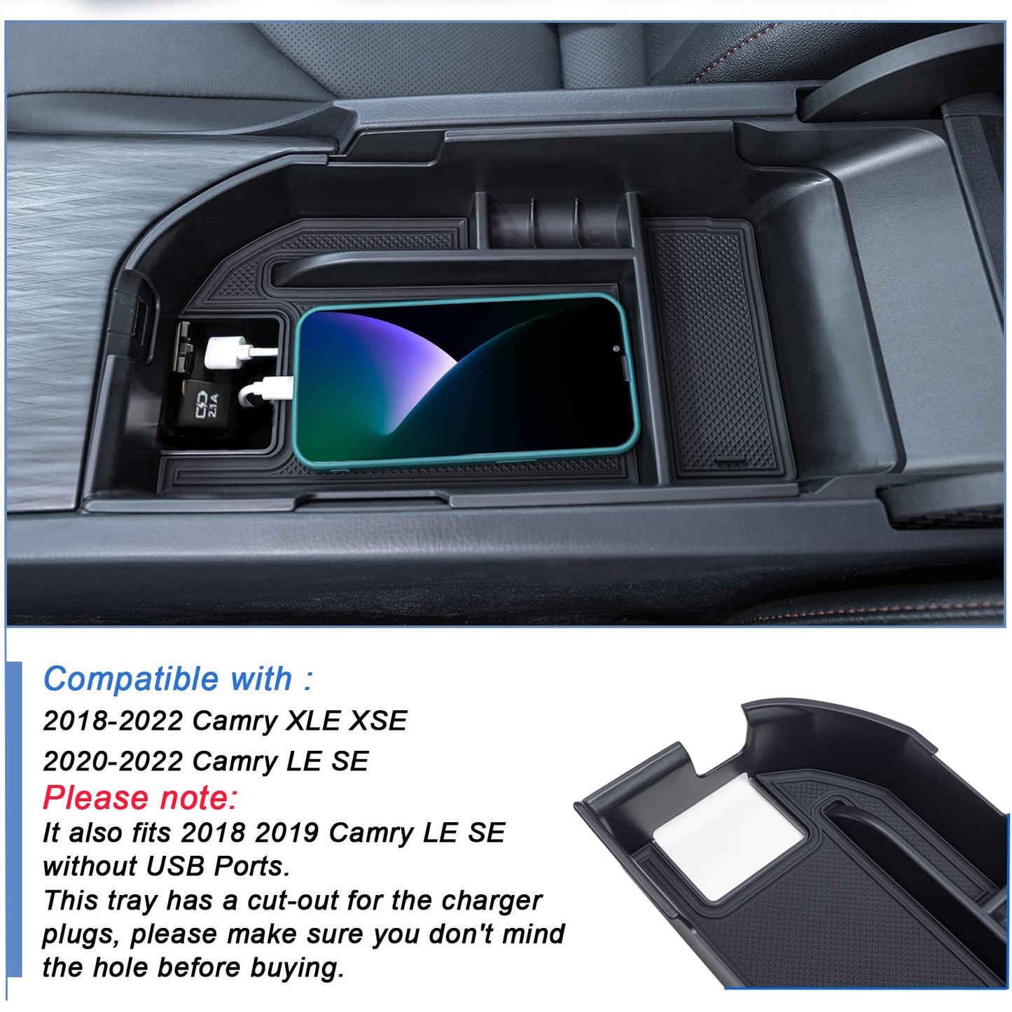 TOPINSTALL Center Console Tray Compatible with 2018-2024 Toyota Camry XLE XSE and 2020-2023 2024 Camry LE SE with Dual USB Ports, Interior Accessories Armrest Storage Console Organizer ABS Material