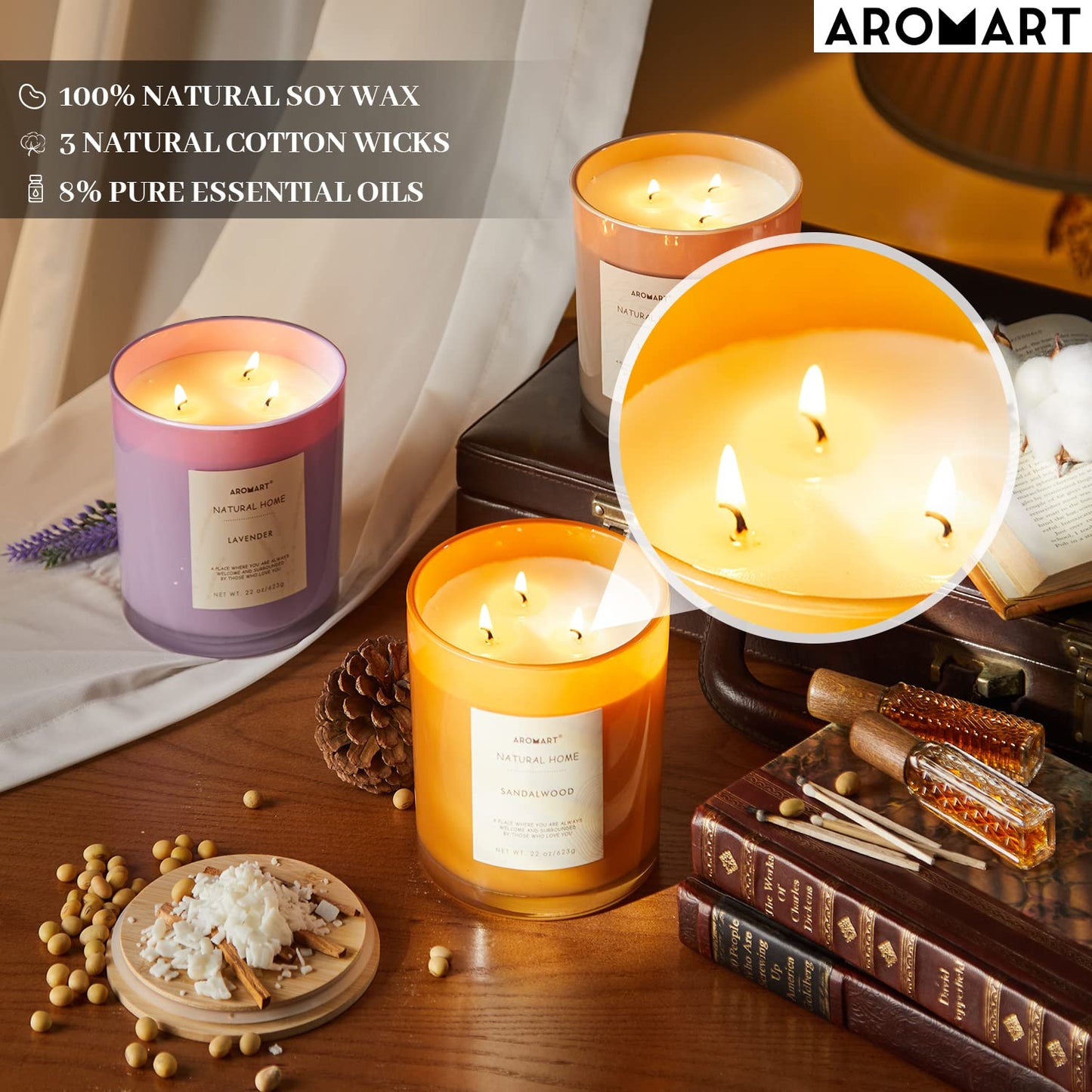 AROMART 3 Wick Large Scented Candles 22 Oz,Linen Aromatherapy Candles for Home Scented,Soy Candles with 8% Essential Oils,Long Burning,Soy Wax Candles Gifts for Women Men