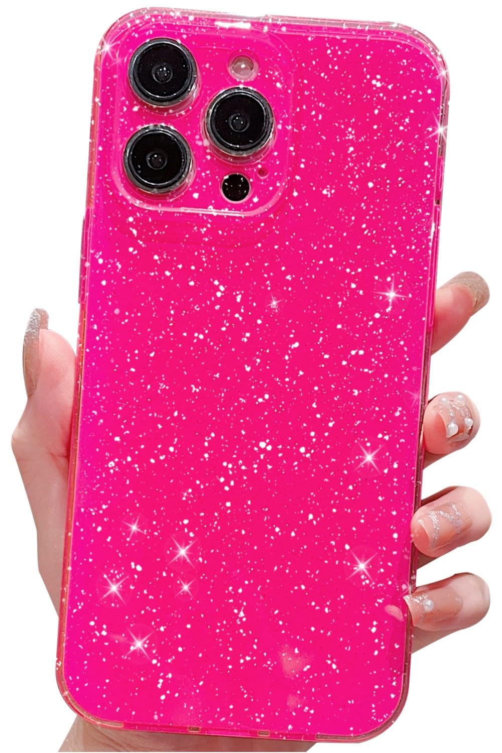 Finyosee Compatible with iPhone 15 Pro Case 6.1 inch(2023 Release), Cute Neon Bright Color,Glitter Bling Thin Slim Shockproof Silicone Sparkly Case, Soft TPU Phone Case for Women Girl-Hot Pink