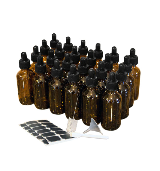 Nevlers 24 pack Amber 2 Oz Glass Dropper Bottles | The Amber Glass Bottles Includes Droppers, Funnel, Brush, and a Marker with Labels to Mark Each One