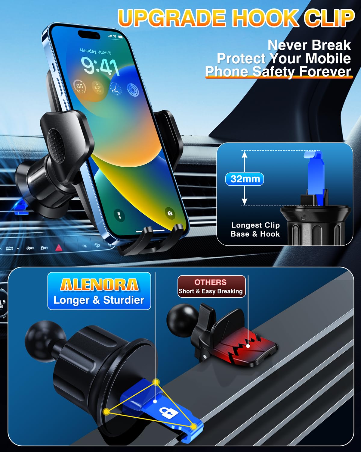 ALENORA Universal Cell Phone Holder Car【Strongest Suction & Hook】 HandFree Phone Mount for Car, Phone Stand for Car Dashboard/Windshield/Air Vent Truck Accessories Cradle for iPhone 15/14 & Android