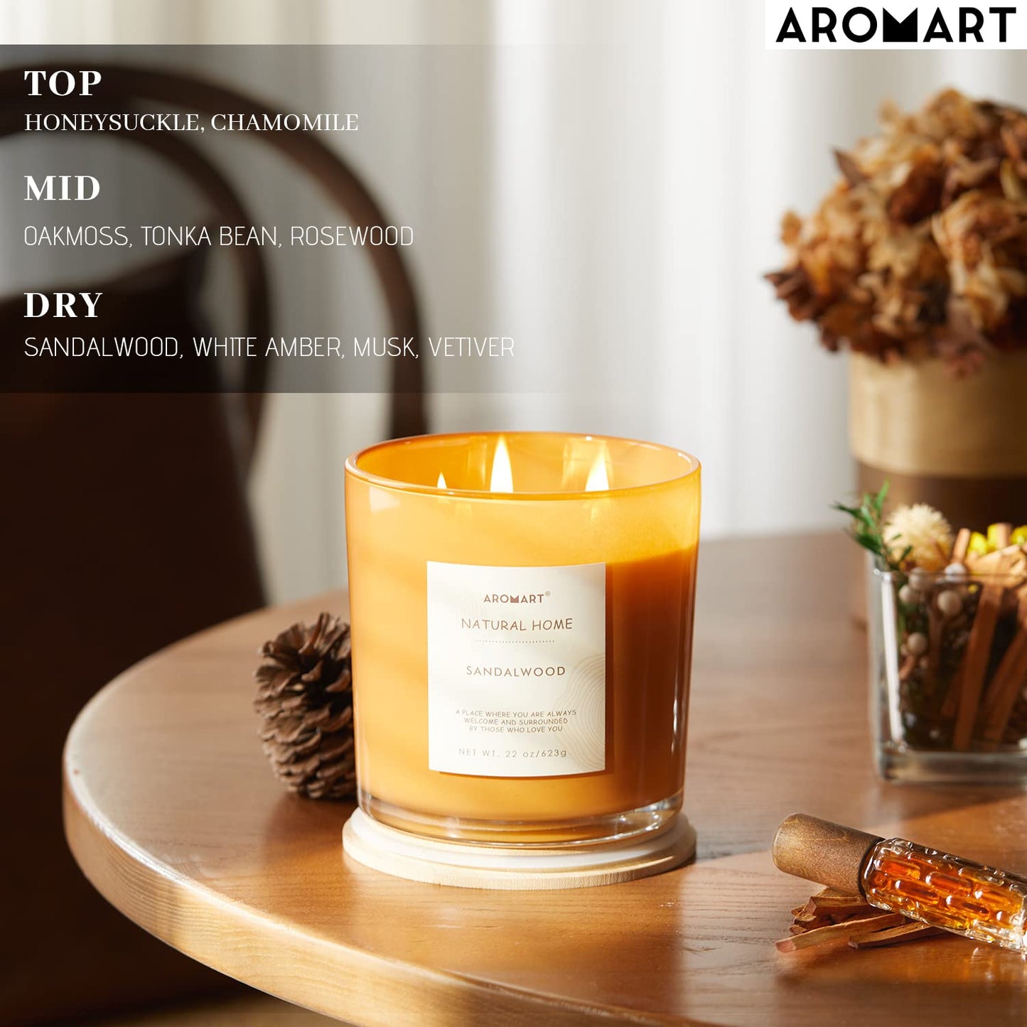 AROMART 3 Wick Large Scented Candles 22 Oz,Sandalwood Aromatherapy Candles for Home Scented, Soy Candles with 8% Essential Oils,Long Burning,Soy Wax Candles Gifts for Women Men