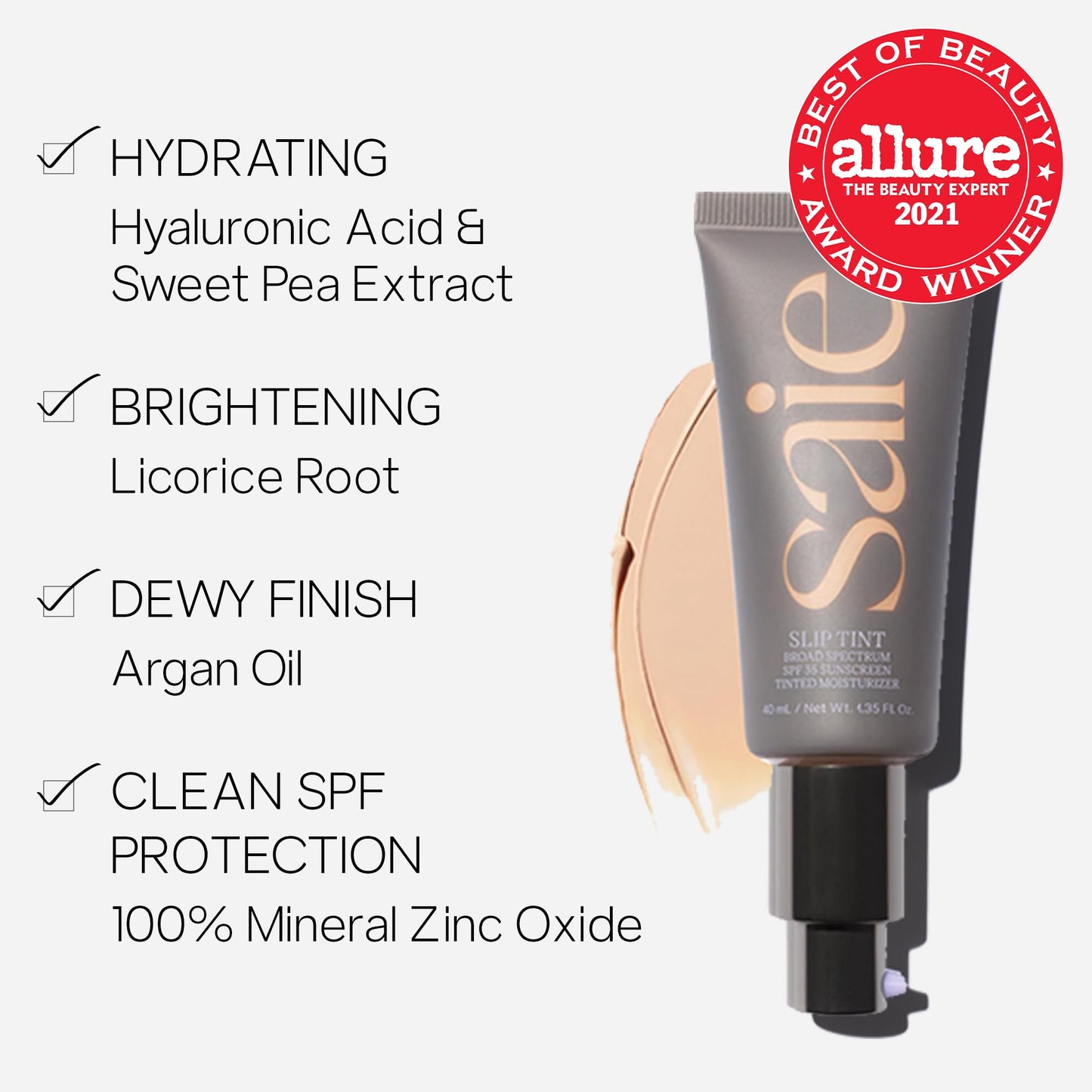 Saie Slip Tint SPF 35 Tinted Moisturizer - Light Coverage Moisturizer + Broad Spectrum Zinc Oxide Sunscreen - Shade Three + Half (1.35 oz)