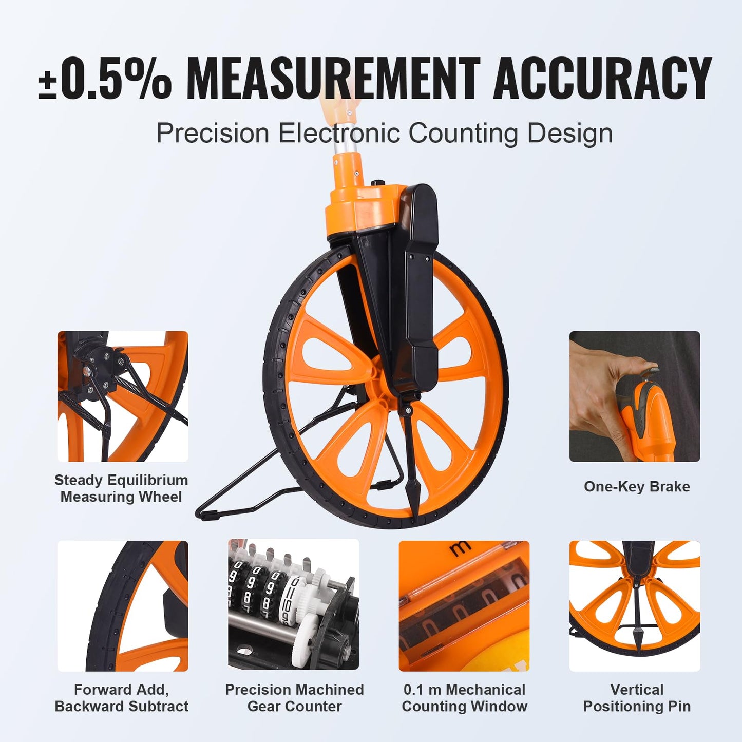 VEVOR Measuring Wheel in Inches, 12.5in Diameter Wheel, Centerline Design w/Handbrake, 39.76-20.47 in Telescoping Measure Wheel,Measurement 0-9,999m with Bag, for Lawn/Hard/Soft/Wood Road Measuring