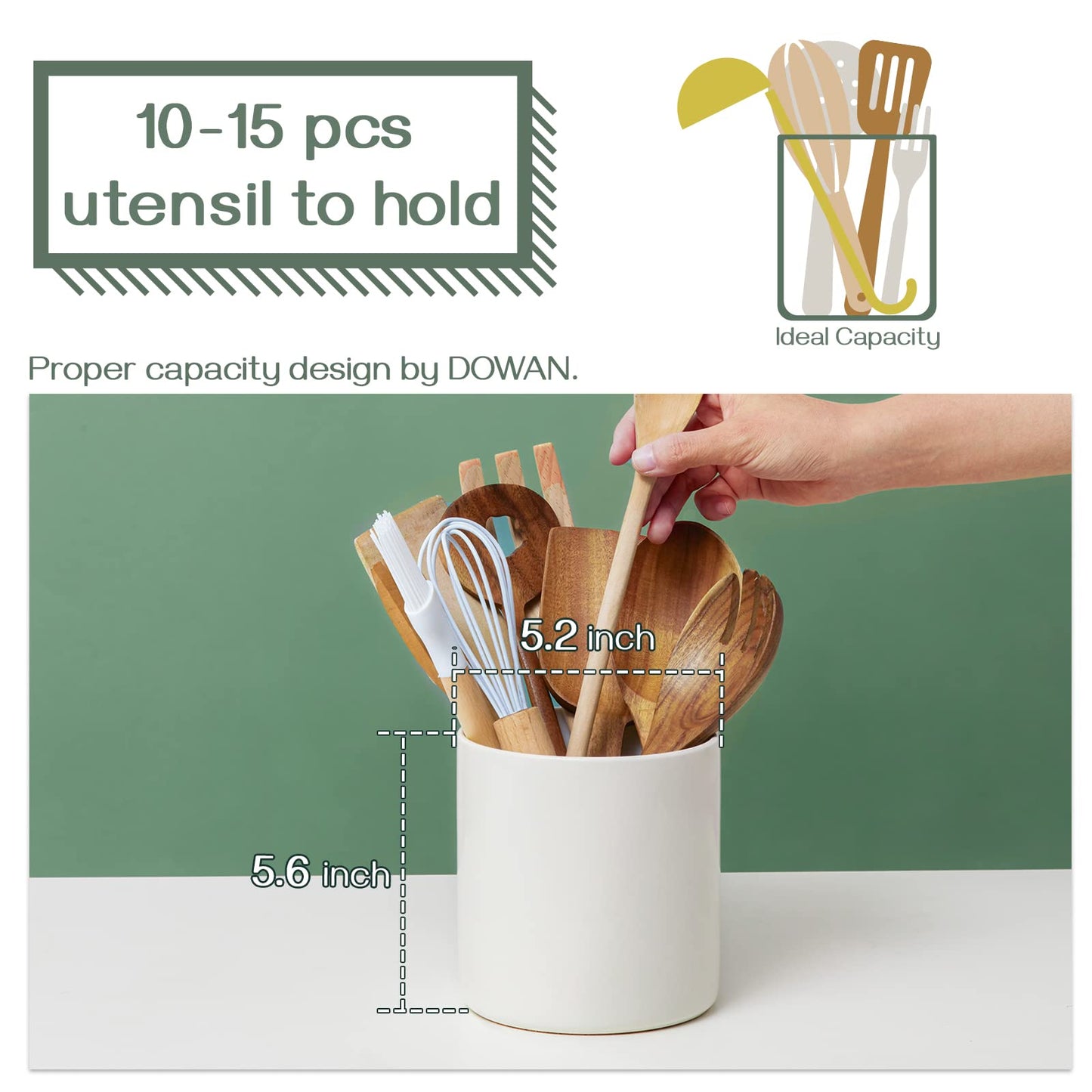 DOWAN Kitchen Utensil Holder, Utensil Holder for Countertop, Utensil Crock, Handmade DIY Gifts, Cooking Utensil Holder with Table-Protection Cork Mat, Farmhouse Kitchen Decor, Cream White