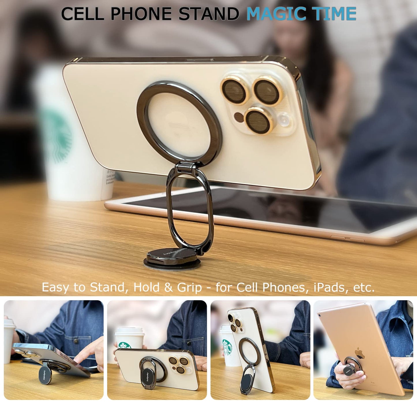 Magnetic Phone Ring Holder with Magsafe, Double Adjustable Gym Finger Ring Grip and Stand, Removable Phone Grip, for iPhone, iPad and Smartphones, Compatible with Magnetic Car Mount