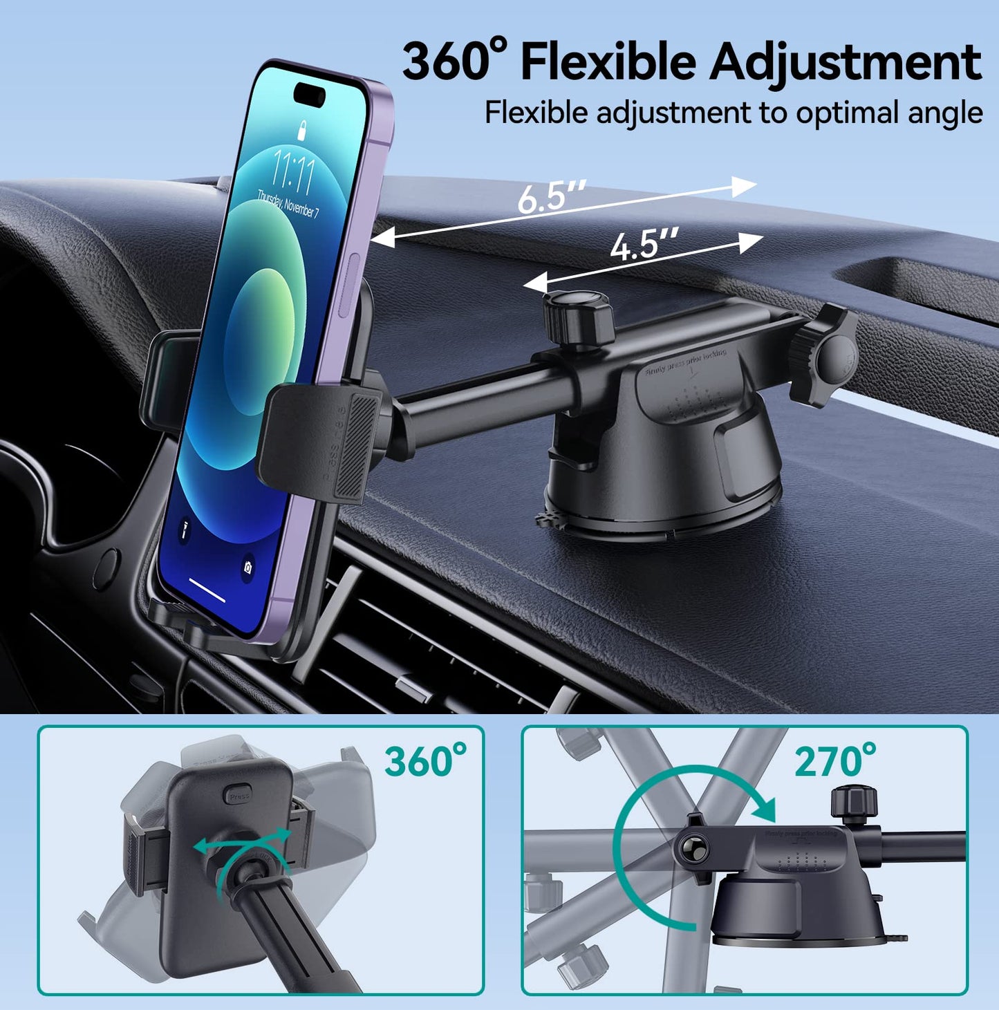 Car Phone Holder Mount, [Military-Grade Suction & Super Sturdy Base] 3 in 1 Universal Phone Mount For Car Dashboard Windshield Air Vent Hands Free Car Phone Mount for iPhone Android All Smartphone