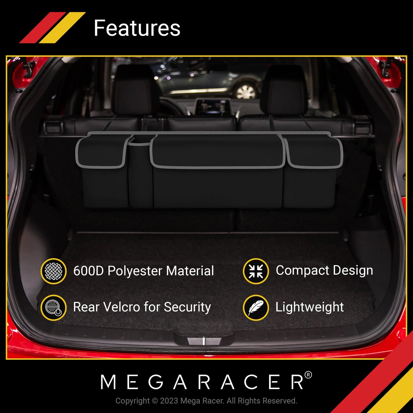 Mega Racer Black Trunk Organizer - 600D Polyester & Oxford Cloth Material, 4 Large Storage Pockets, 2 Adjustable Rear Clips, Storage Accessories For Cars Pickup Trucks SUV Vans, Waterproof, 1 Piece