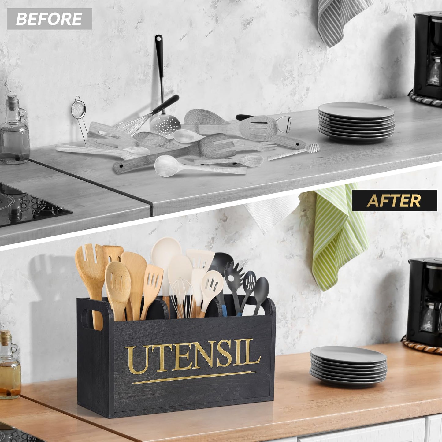 brekle Black Wooden Kitchen Utensil Holder with Removable Cover Larger Utensil Holder for Kitchen Counter 3 Compartment for Efficient Utensil Organizer and Cooking Tools Storage