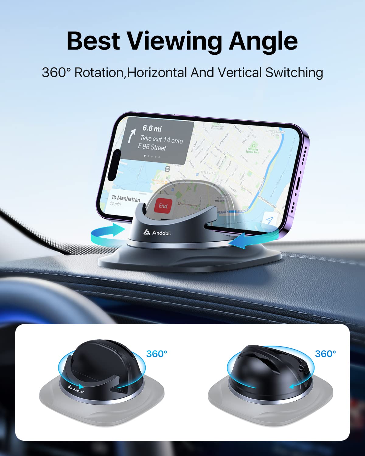 andobil 2023 Upgraded Dashboard Phone Holder Car, Non-Slip Phone Pad for Car 360° Rotatable Silicone Car Phone Mount, Desk Phone Stand Compatible with iPhone, Samsung, Android, GPS, Car Accessories