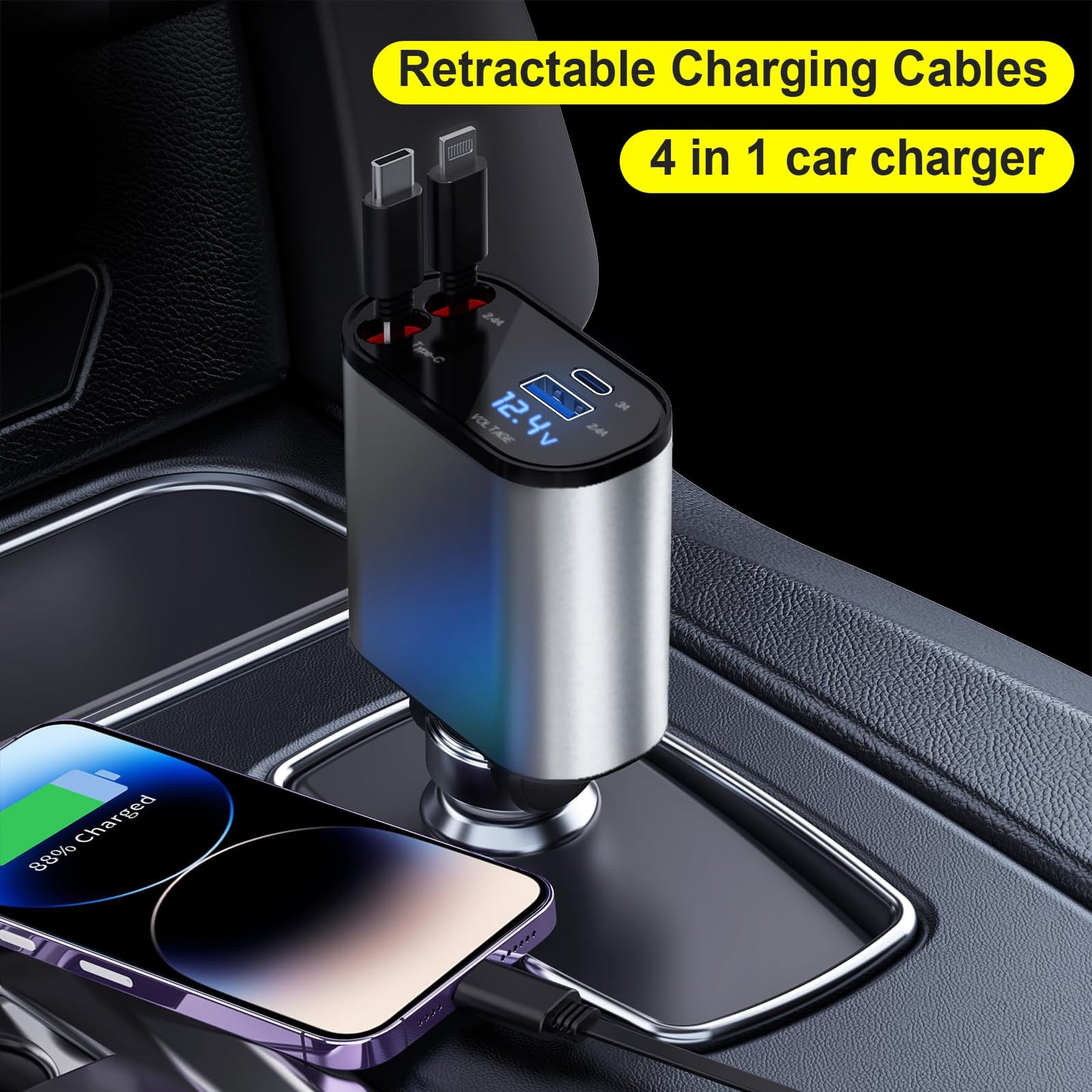 Retractable Car Charger, 4 in1 Fast Car Phone Charger 60W, Retractable Cables (2.6Ft) and 2 USB Ports Car Charger Adapter, Compatible with iPhone 15/15 Pro Max/14 Pro Max/13/12/11,Galaxy S23/22,Pixel