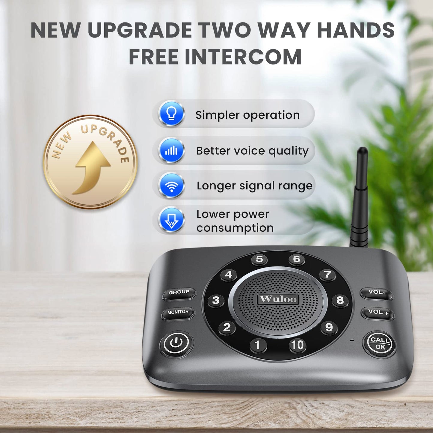 Hands-Free Intercoms Wireless for Home Business, Wuloo Upgrade Two Way Audio Intercom System for Elderly, Full Duplex Room to Room Intercom with 5280 ft Range Clear Sound Anti-Interference, 1-Pack