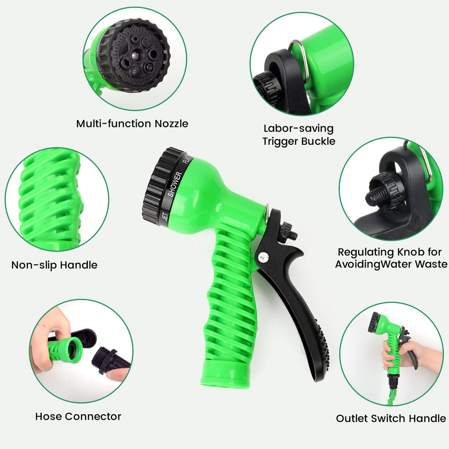 Expandable Garden Hose Water Pipe - 50FT Lightweight Water Hose with 7 Function Spray Nozzle, Portable Retractable Hose for Garden Yard Cleaning, Green