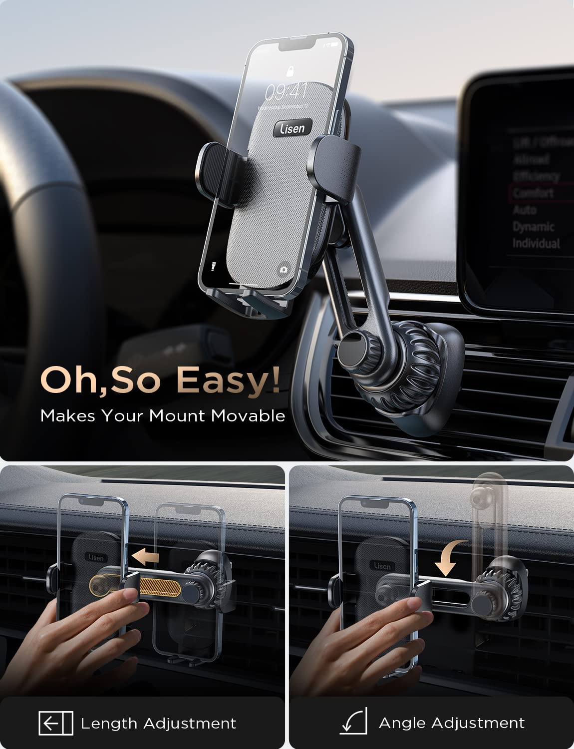 LISEN Phone Holder Car for Vent [Enjoy Never Blocking] Car Phone Holder Mount for Car [Easily Install] Cell Phone Holder for Car [2 Mounting Options] Compatible for iPhone 15 14 13 Pro Max Plus All