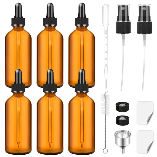 6Pcs 2 oz Dark Amber Dropper Bottles, 60ml Glass Tincture Bottles with Dropper, Funnel, Nozzle, Long Plastic Dropper, Bottle Caps, Labels, Eye Dropper Bottle for Essential Oils, Liquids