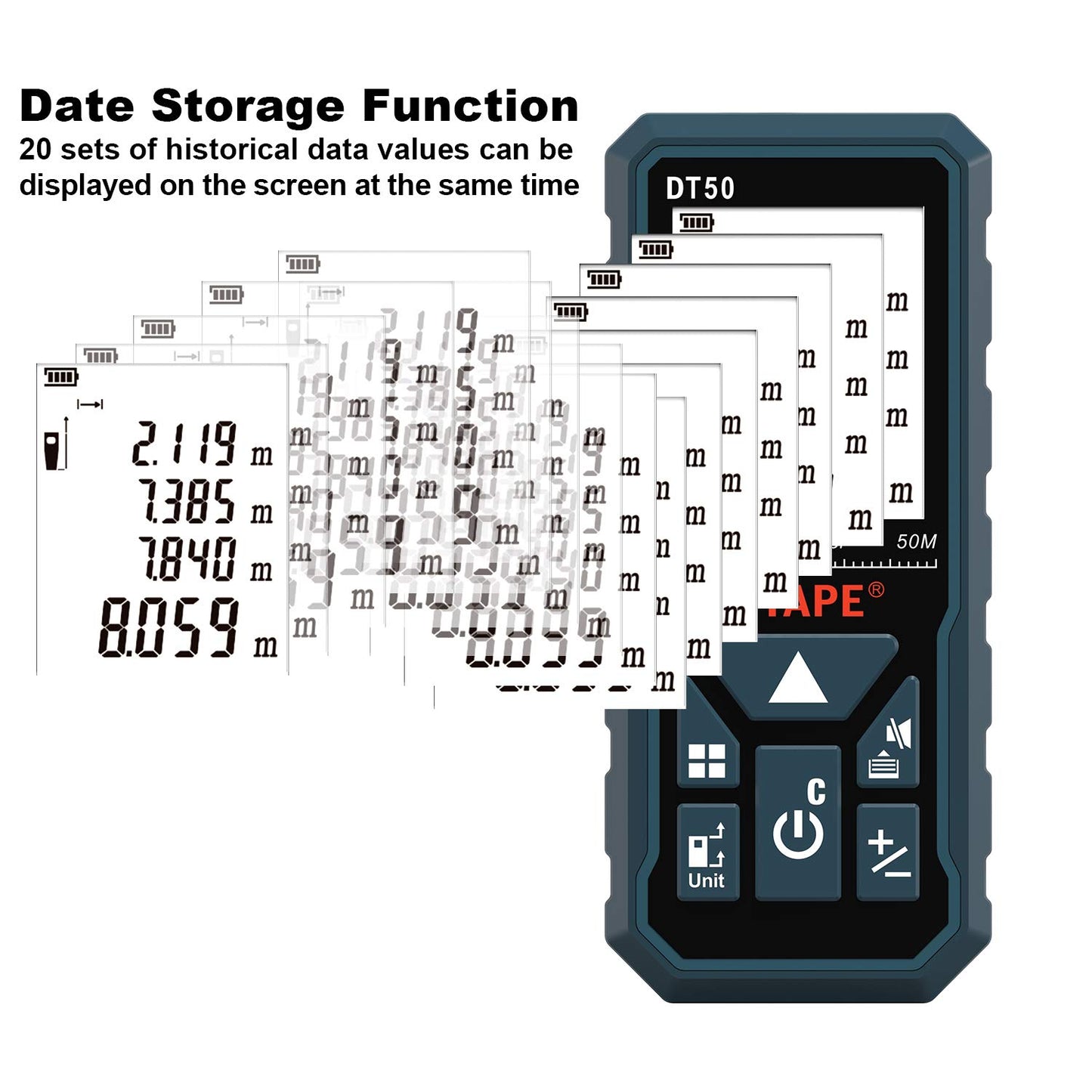 Laser Measure 165ft DT50 Laser Distance Meter 50M, Portable Handle Digital Measure Tool Range Finder, Larger Backlit LCD 4 Line Display IP54 Shockproof