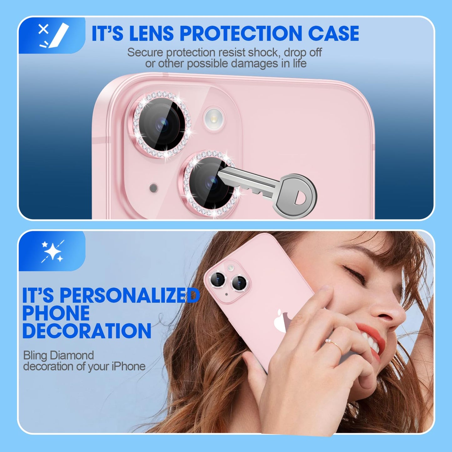 Xfilm Camera Lens Protector Compatible for iPhone 15/15 Plus Bling, Individual Metal Diamond Ring 9H Hardness Scratchproof Protector, Stylish Accessories, Case Friendly (Pink Diamond)