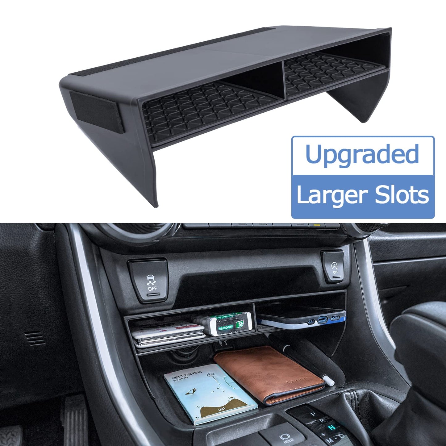 TOPINSTALL New Wider Opening Console Organizer Compatible with Toyota Rav4 2019-2022 2023 Accessories, Bigger Divider Slot Tray for Phone with Case, Black ABS Material Storage Insert