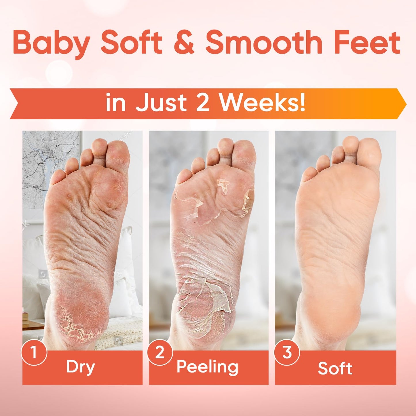 Foot Peel Mask (2 Pairs) - Foot Mask for Baby Soft Skin - Remove Dead Skin, Dry, Cracked Feet & Callus, Foot Spa, Made with Aloe Vera Extract for Women and Men Feet Peeling Mask Exfoliating, Peach