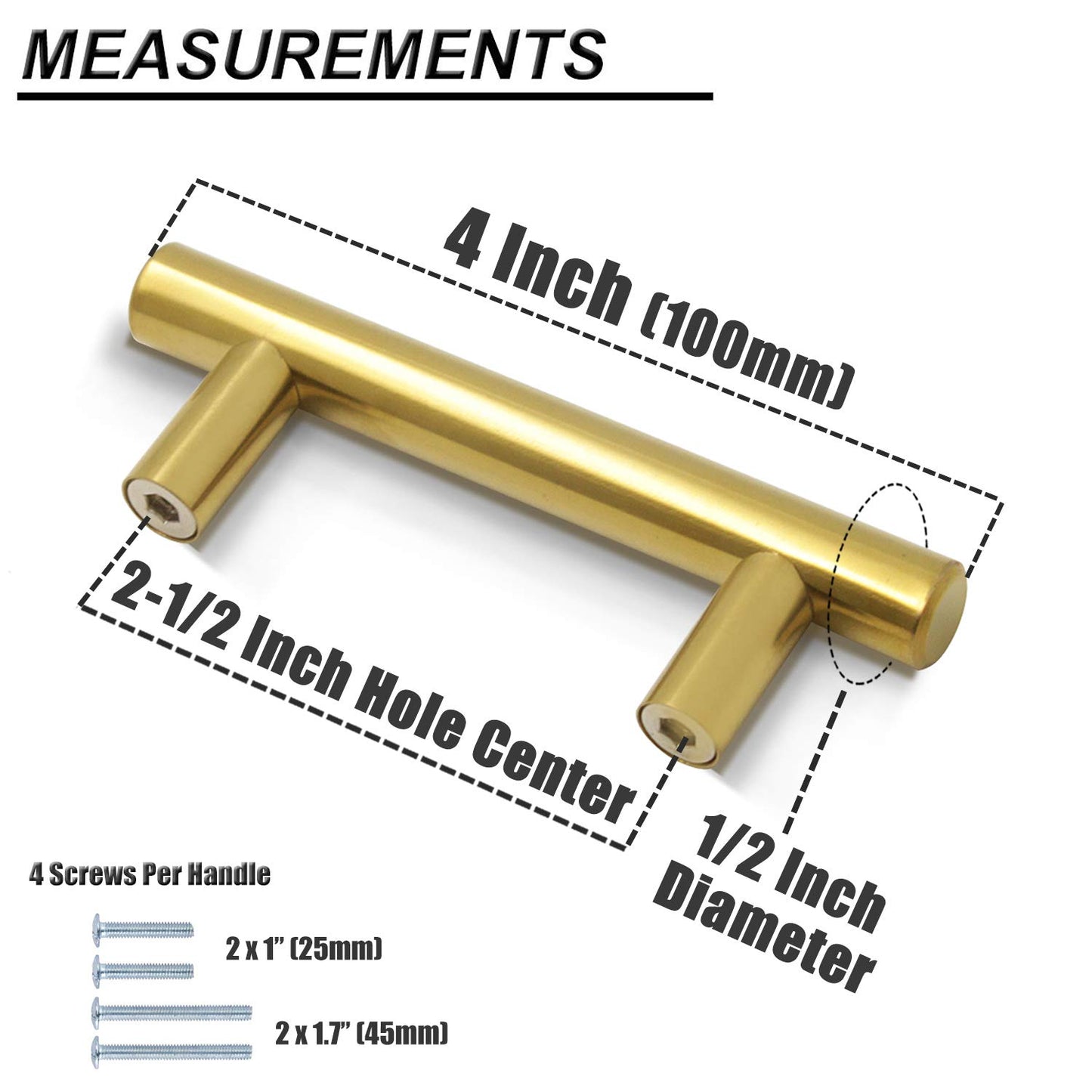 Probrico (5 Pack 2-1/2" Hole Centers Modern Gold Cabinet Pulls Kitchen Bathroom Cabinet Hardware, Euro T Bar Dresser Drawer Pull Bathroom Gold Drawer Handles, 4 Inch Total Length