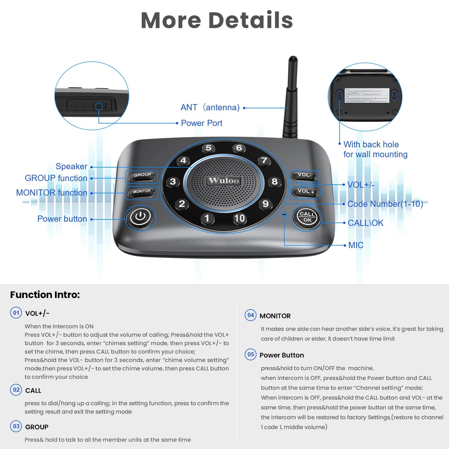 Hands-Free Intercoms Wireless for Home Business, Wuloo Upgrade Two Way Audio Intercom System for Elderly, Full Duplex Room to Room Intercom with 5280 ft Range Clear Sound Anti-Interference, 1-Pack