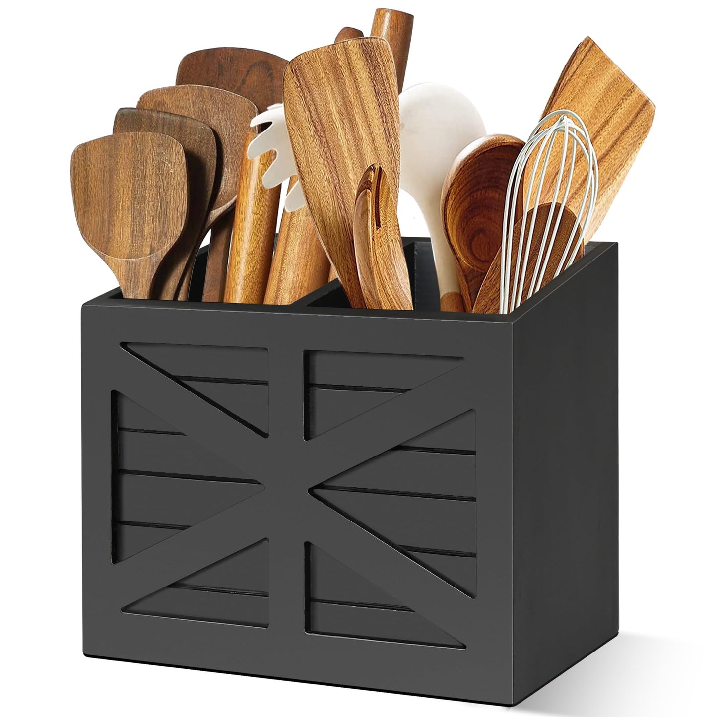 Uipame Wood Utensil Holder, Large Kitchen Utensil Holder for Countertop, Cooking Utensil Organizer for Flatware, Black Utensil Caddy with 2 Compartments, Rustic Utensils Organizer for Kitchen Counter