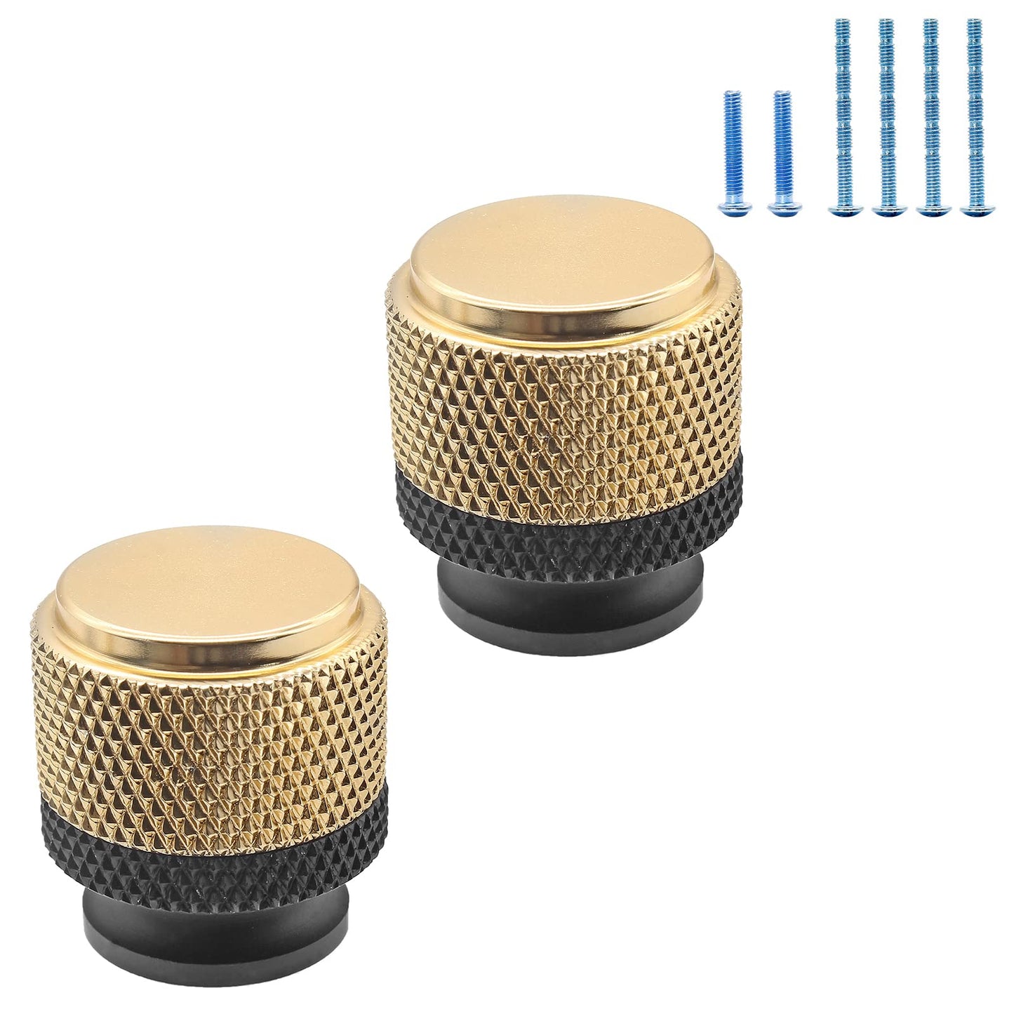 Luomorgo 2 Pcs Knurled Cabinet Knobs, Aluminum Black & Gold Kitchen Drawer Knobs, 1 inch Round Dresser Knobs Handles, Bathroom Cabinet Door Knobs, Decorative Pull Knobs for Cabinets, Drawers