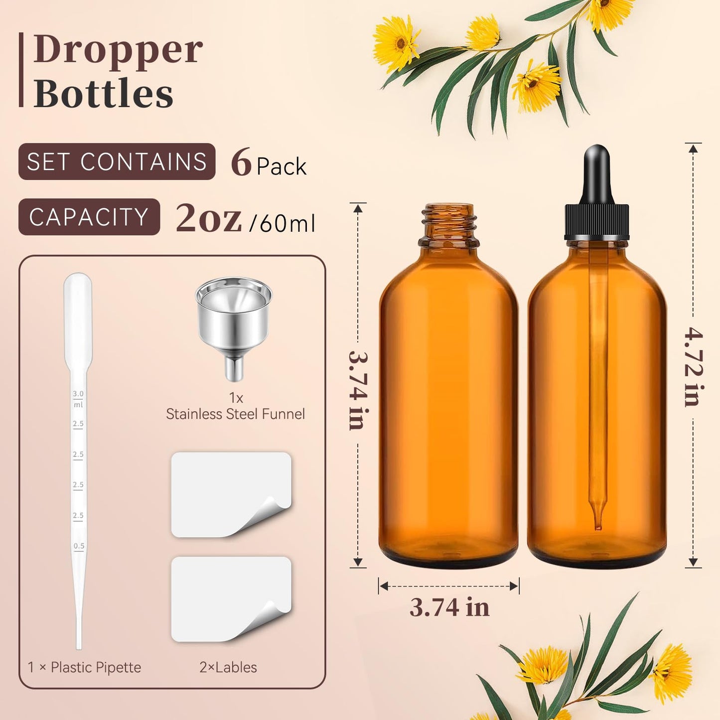 6Pcs 2 oz Dark Amber Dropper Bottles, 60ml Glass Tincture Bottles with Dropper, Funnel, Nozzle, Long Plastic Dropper, Bottle Caps, Labels, Eye Dropper Bottle for Essential Oils, Liquids