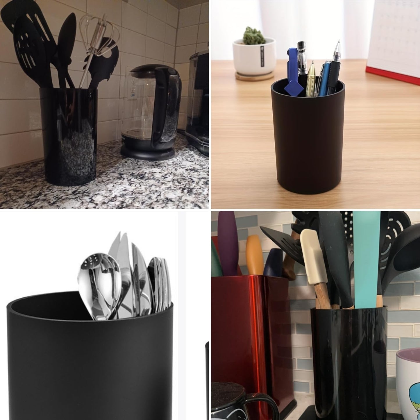 RESEYA Kitchen Utensil Holder for Countertop, Plastic Cooking Utensil Crock Storage for Counter and Table, Farmhouse Utensil Holder, Easy to Clean Home Utensils Organizer with Drain Holes, Black