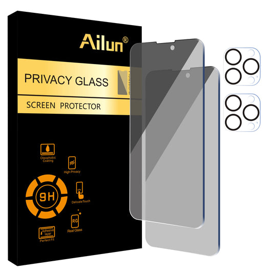 Ailun 2Pack Privacy Screen Protector for iPhone 14 Pro Max[6.7 inch] + 2 Pack Camera Lens Protector, Sensor Protection, Dynamic Island Compatible, Anti Spy Private Tempered Glass Film, Case Friendly, [9H Hardness] - HD [Black] [4 Pack]